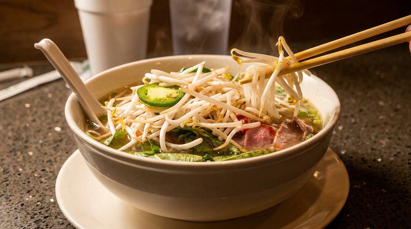 Steaming bowl of pho with bean sprouts, jalapeños, and beef, lifted by chopsticks.