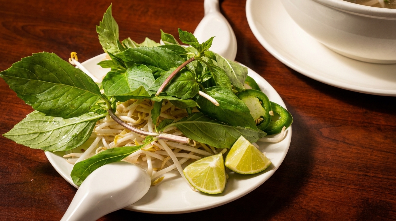 A plate of fresh basil, bean sprouts, jalapeños, and lime wedges for pho.