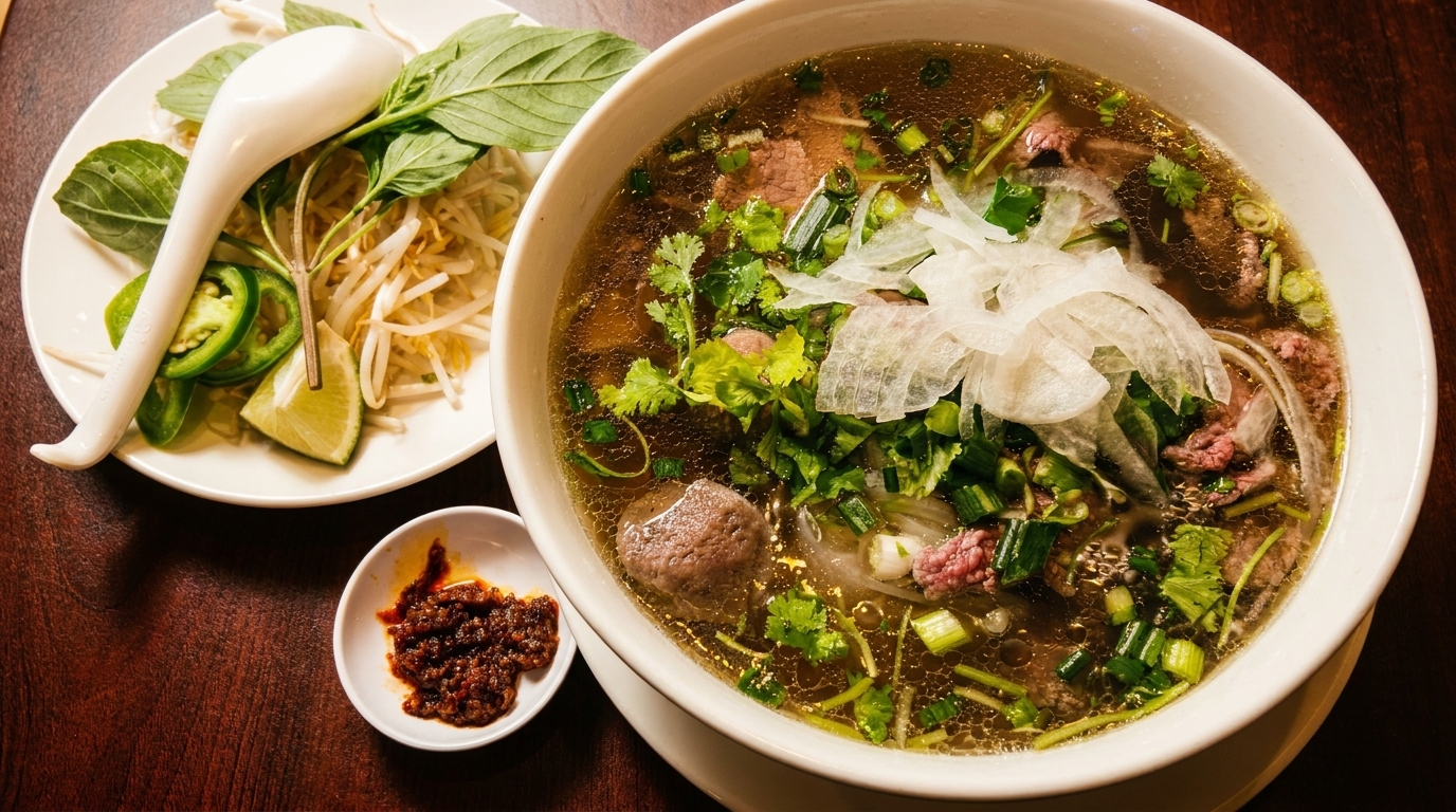 A bowl of pho with beef, noodles, broth, and fresh herbs, alongside a plate of garnishes.