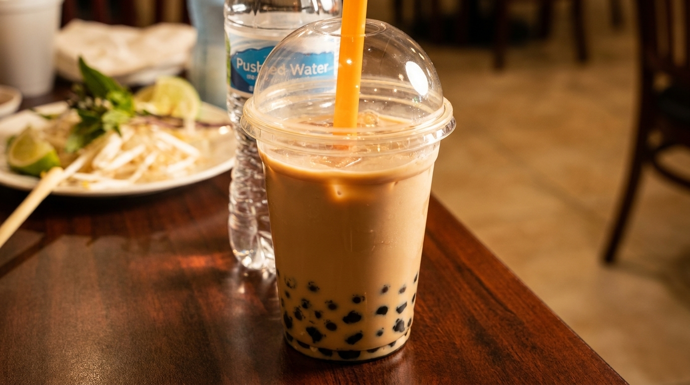 Boba tea with an orange straw, water bottle, and a plate of food on a wooden table.
