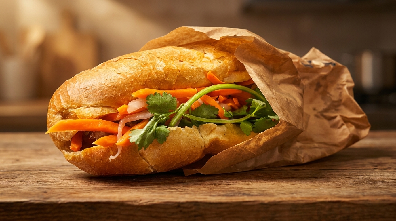 A banh mi sandwich with carrots, cilantro, and onions, partially wrapped in paper on a wooden table.