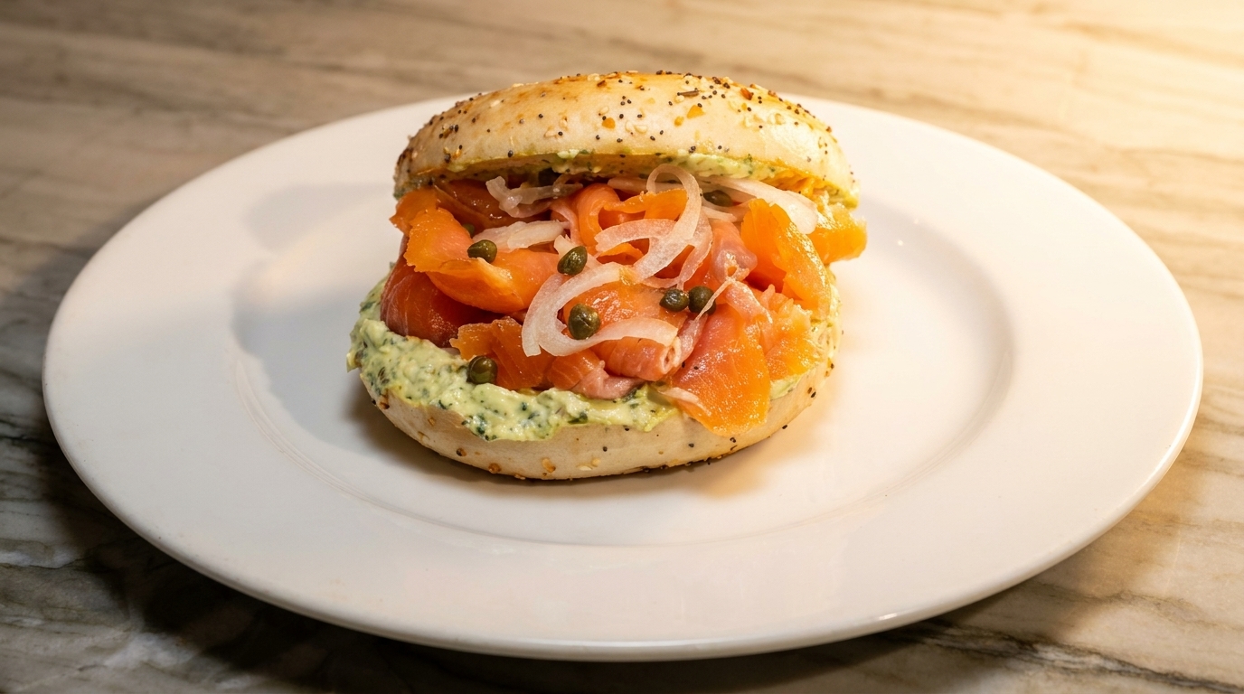 Everything bagel with lox, cream cheese, capers, and sliced onions on a white plate.