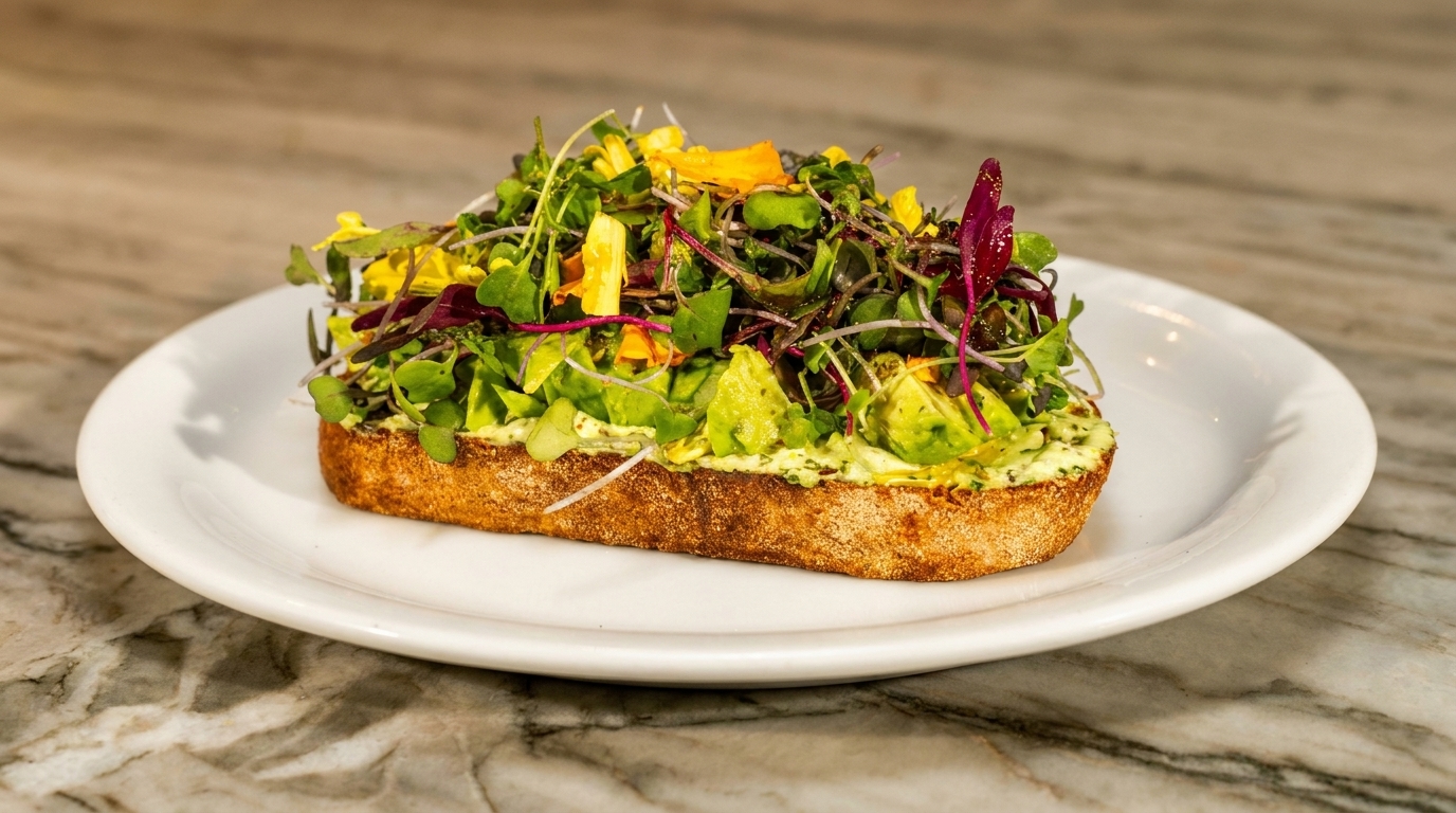 Avocado toast with mashed avocado, microgreens, and edible flowers on a white plate.
