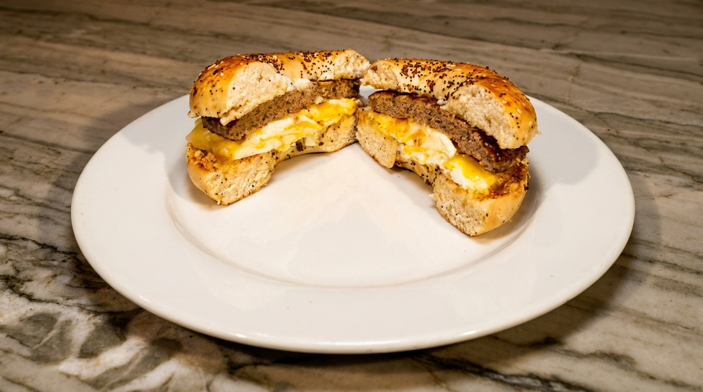 An everything bagel breakfast sandwich, cut in half, with sausage, egg, and cheese on a white plate.