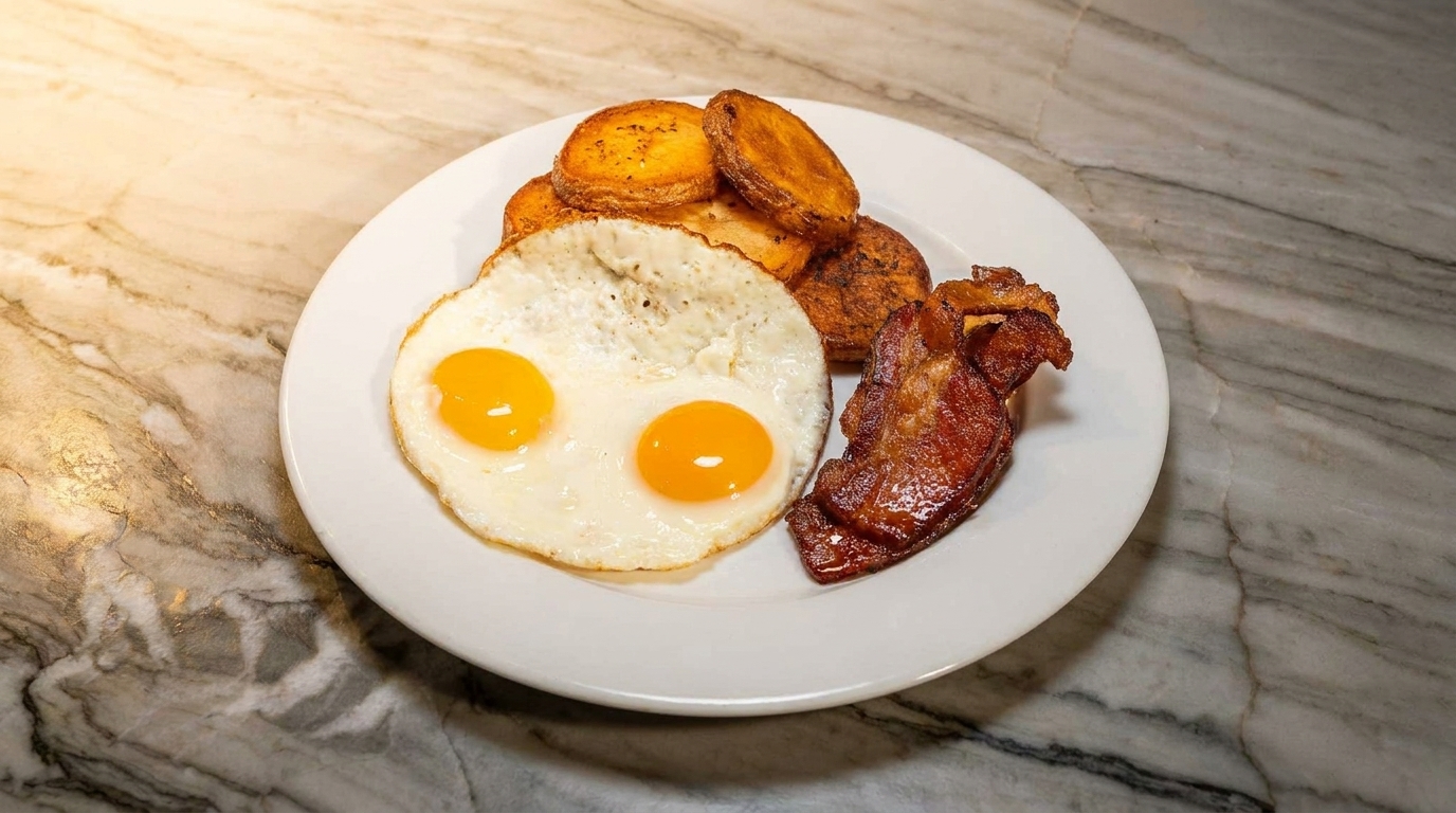 Breakfast plate with two fried eggs, crispy bacon, and golden-brown home fries on a marble table.