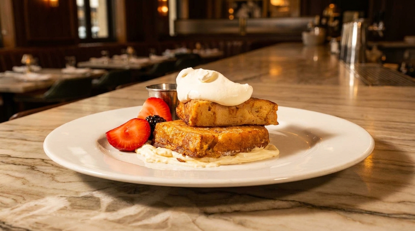 Two pieces of French toast with whipped cream, strawberries, and blackberries on a white plate.
