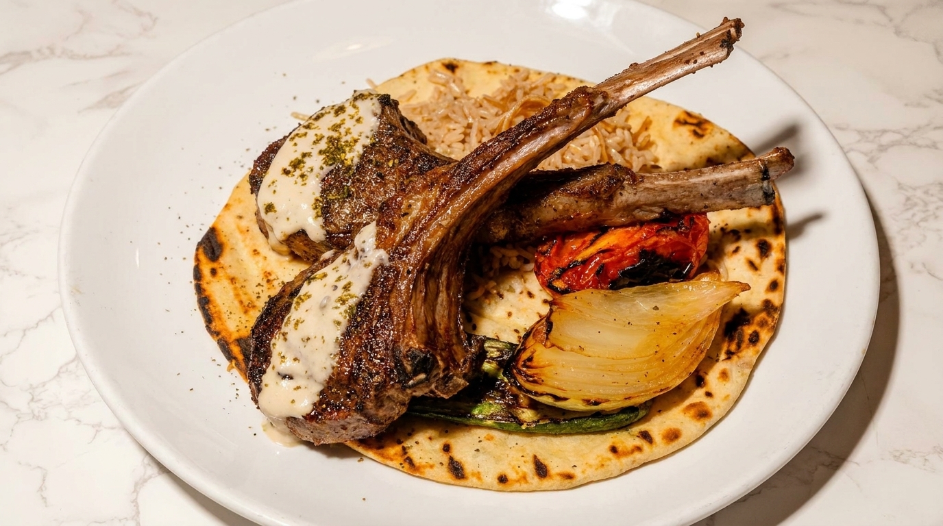 Grilled lamb chops with sauce, rice, roasted vegetables, and flatbread on a white plate.