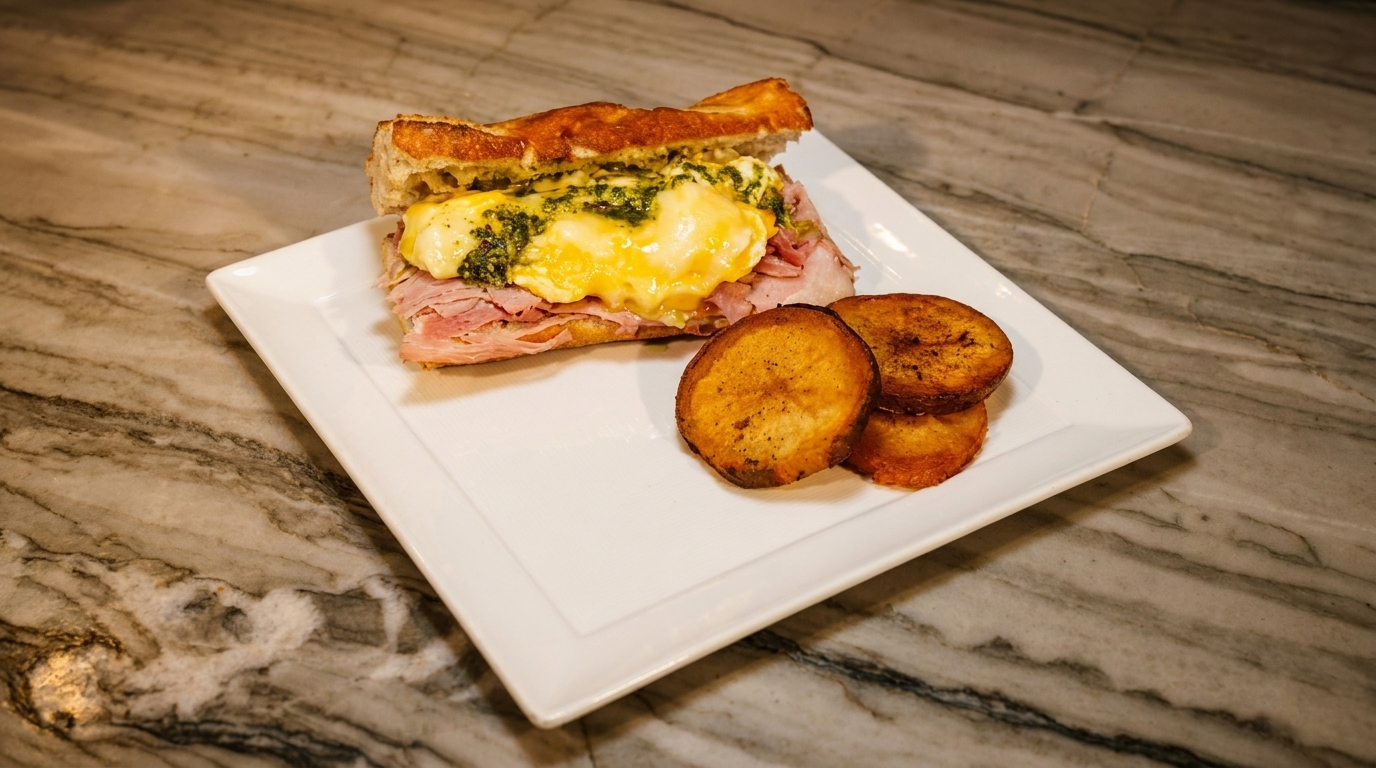 A ham and cheese sandwich with pesto and fried potatoes on a white plate.