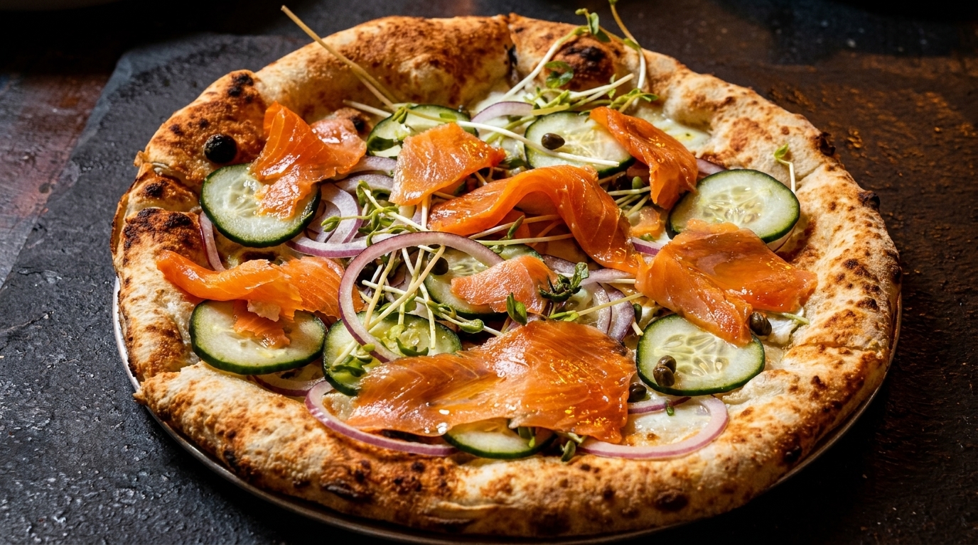 Smoked salmon pizza with cucumber, red onion, capers, and microgreens on a dark surface.