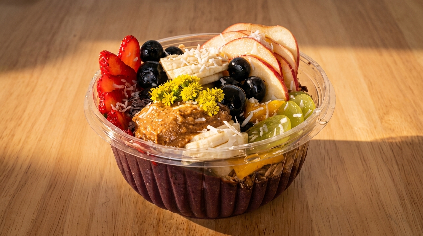 Acai bowl with strawberries, blueberries, apples, bananas, grapes, peanut butter, and yellow flowers.