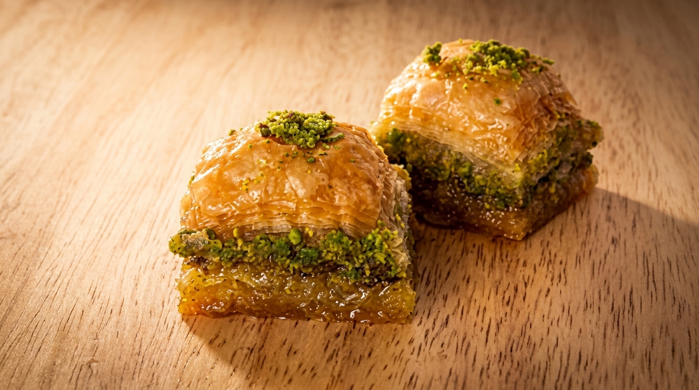 Two golden baklava pastries, filled with green pistachios and drizzled with syrup, on a wooden surface.