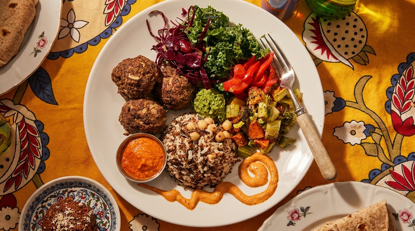A colorful vegan plate with falafel, rice, vegetables, and sauces on a patterned yellow tablecloth.