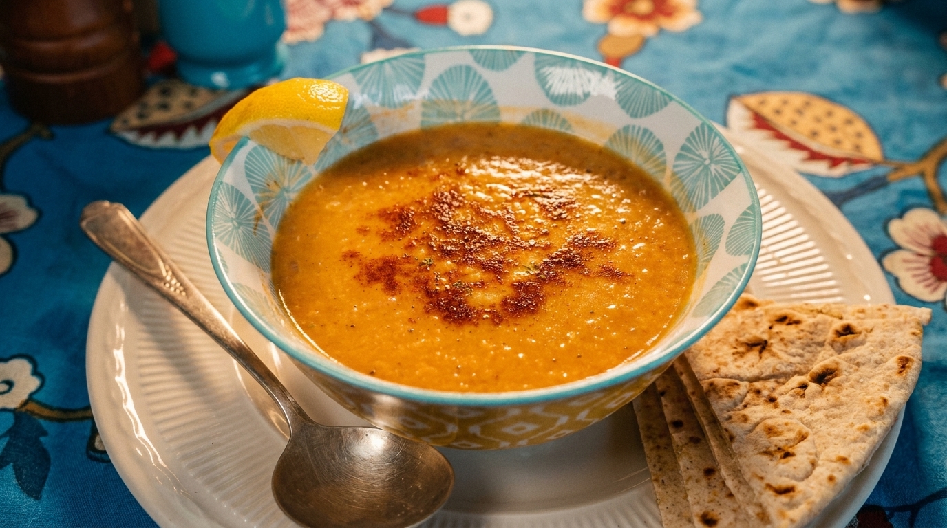 A bowl of orange lentil soup with a lemon wedge and flatbread on a patterned blue tablecloth.