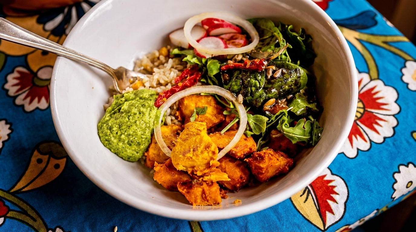 A colorful bowl of food with rice, greens, roasted sweet potatoes, and green sauce on a floral tablecloth.