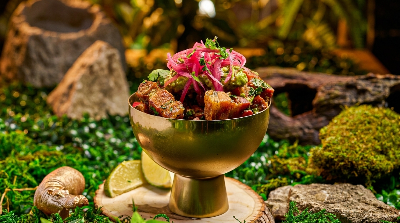 Golden bowl of pork belly, guacamole, and pickled onions on a mossy, jungle-like setting.