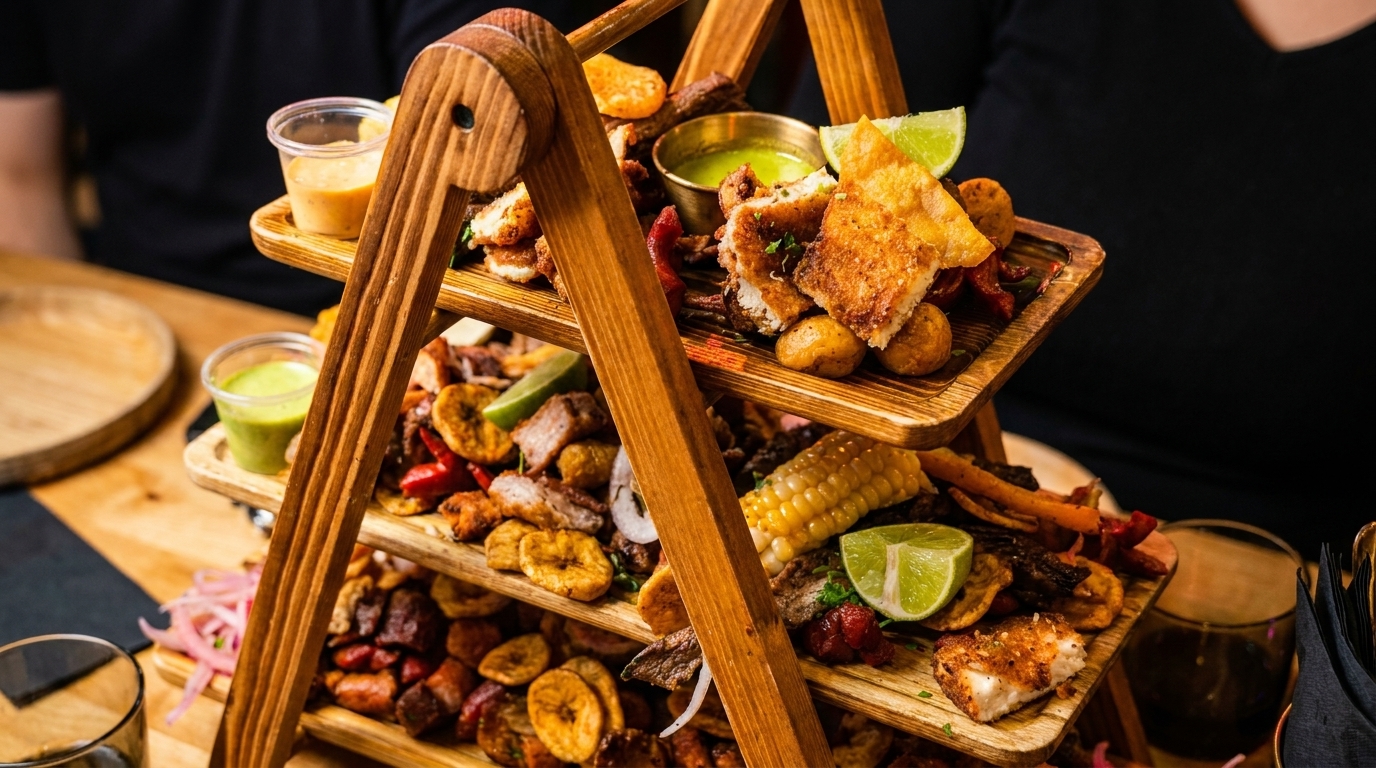 Three-tiered wooden stand filled with various fried foods, corn, plantains, and dipping sauces.