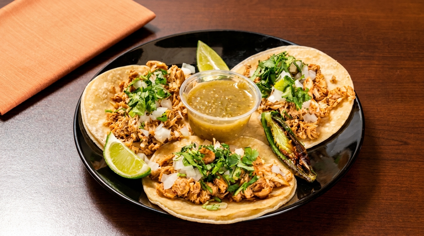 Three chicken tacos with cilantro, onions, lime, salsa, and a grilled jalapeño on a black plate.