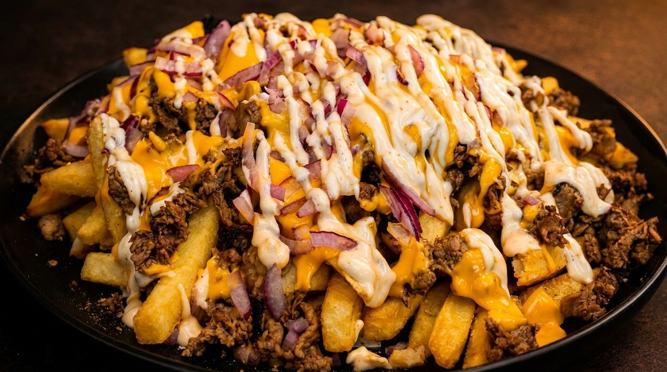 Loaded fries with melted cheese, ground meat, red onions, and a creamy white sauce.
