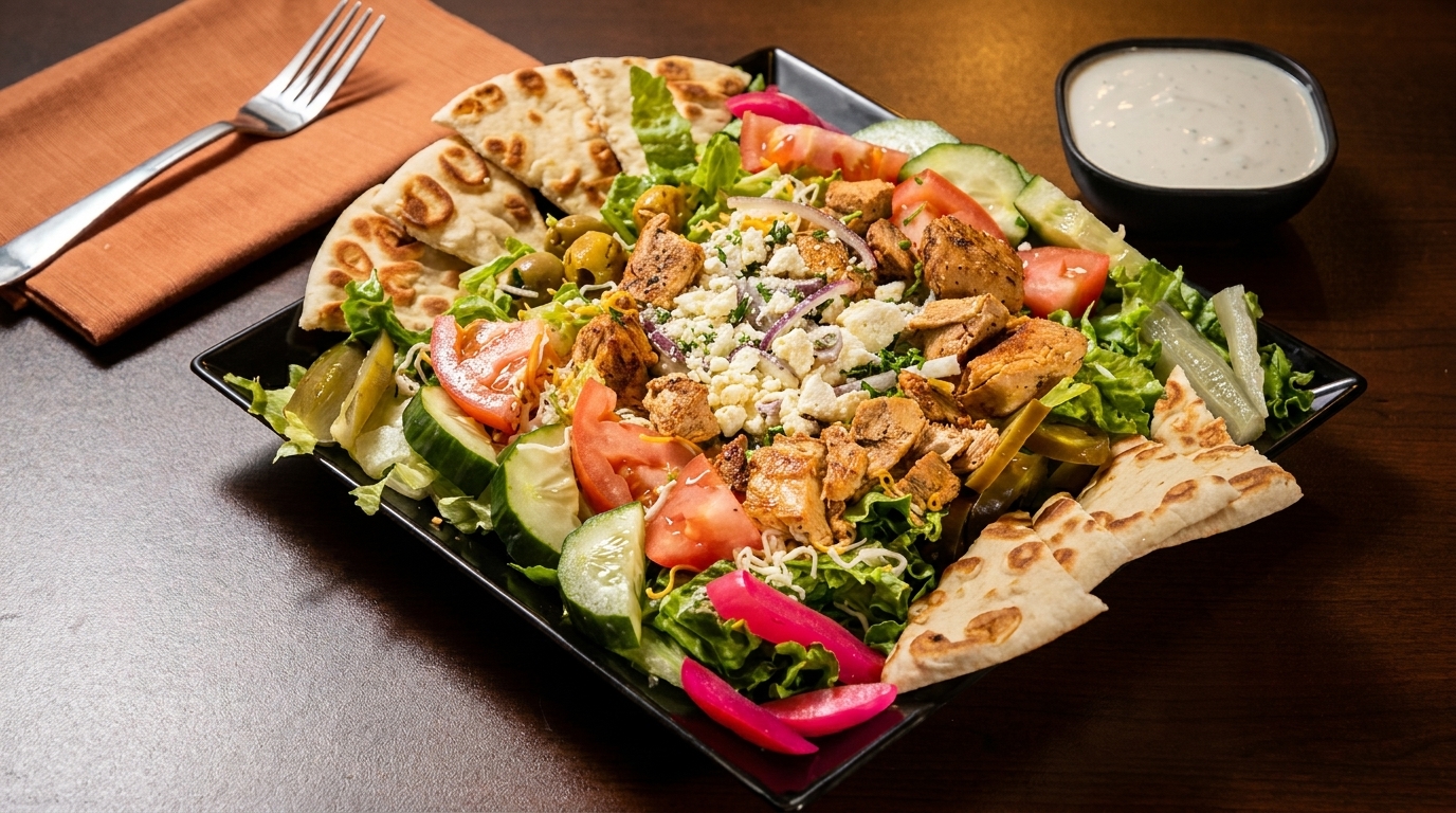 Chicken shawarma salad with pita bread, tomatoes, cucumbers, olives, and feta cheese.