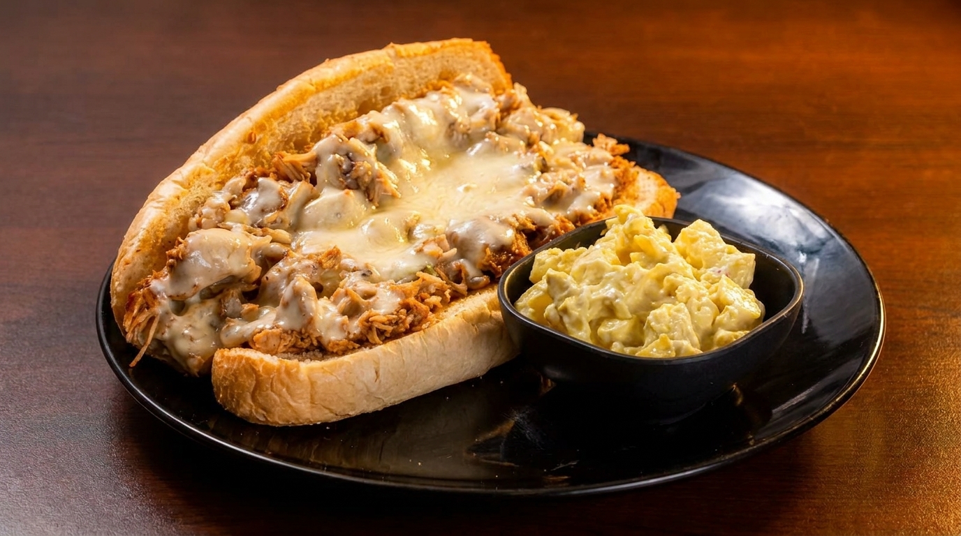 Cheesesteak sandwich with melted cheese and a side of potato salad on a black plate.