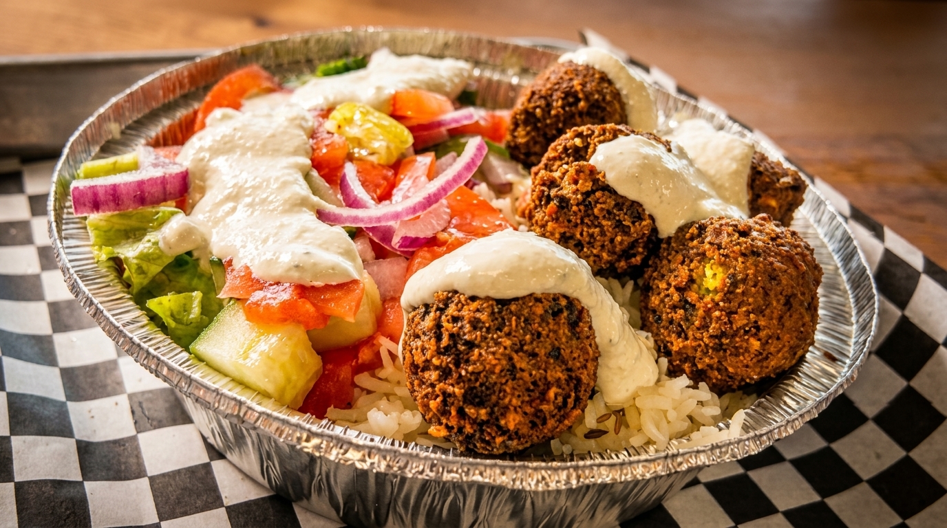 Falafel bowl with rice, salad, and white sauce in a foil container on a checkered paper liner on a checkered paper.