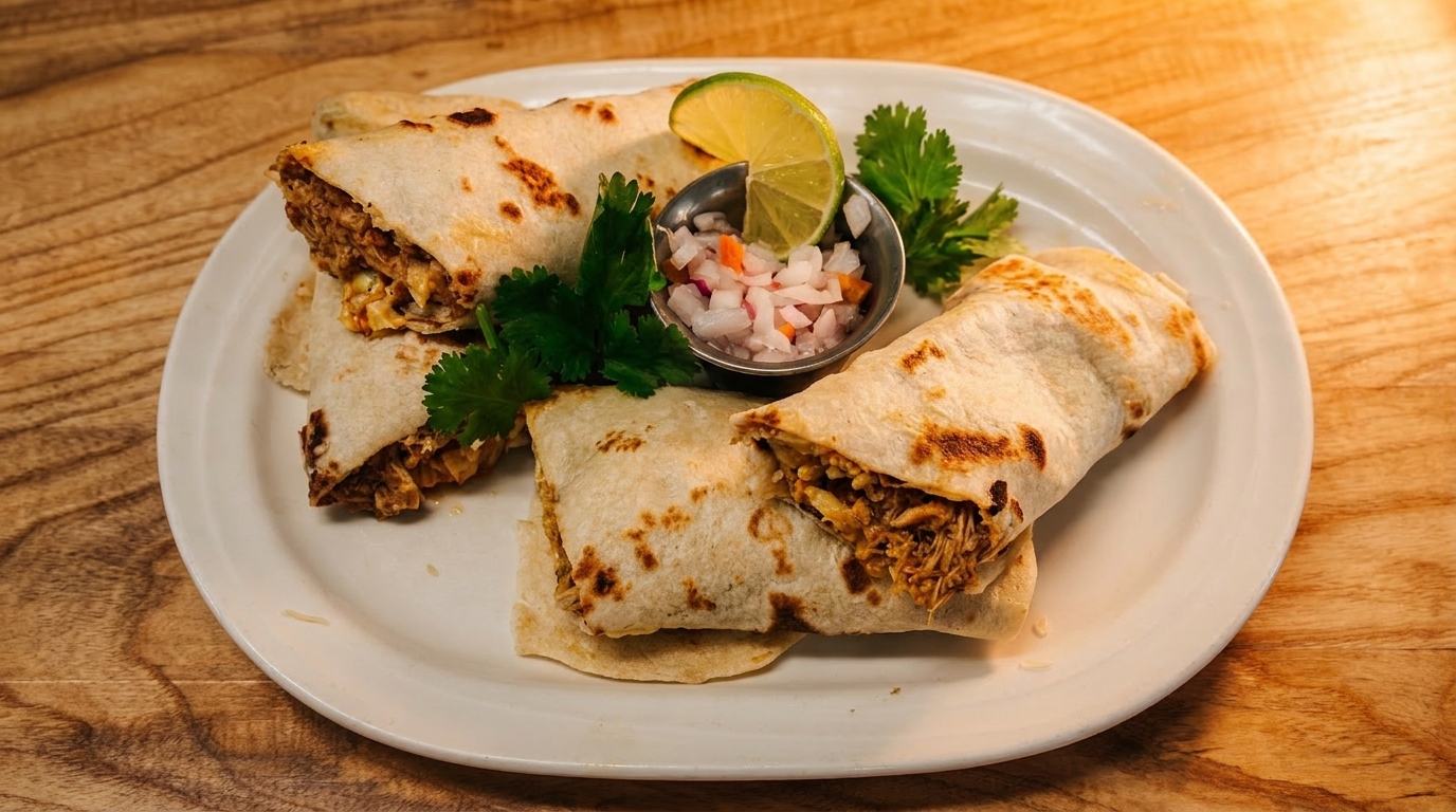 Four burritos with shredded meat, cilantro, and a side of diced onions and lime.