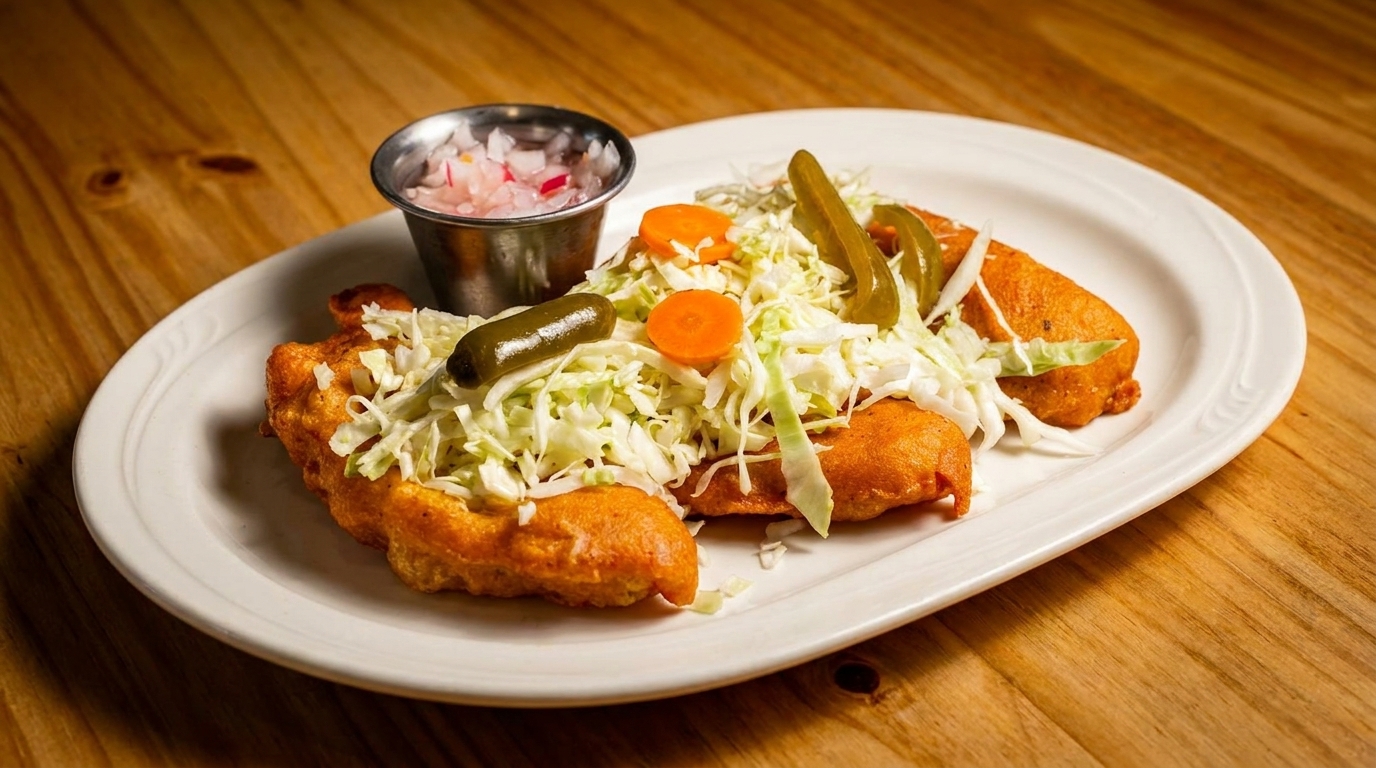 Fried plantains topped with shredded cabbage, carrots, jalapeños, and a side of pickled onions.