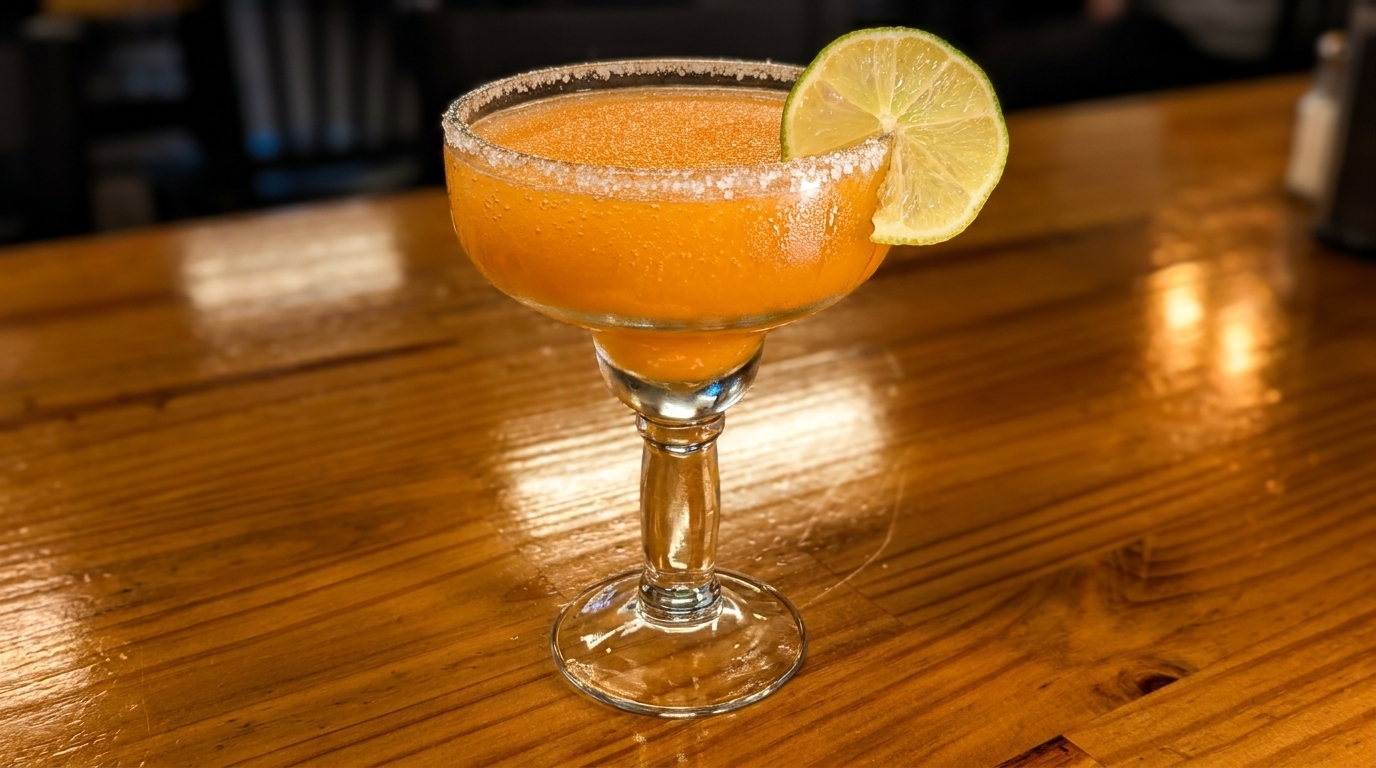A vibrant orange margarita with a salted rim and lime wedge sits on a wooden bar.