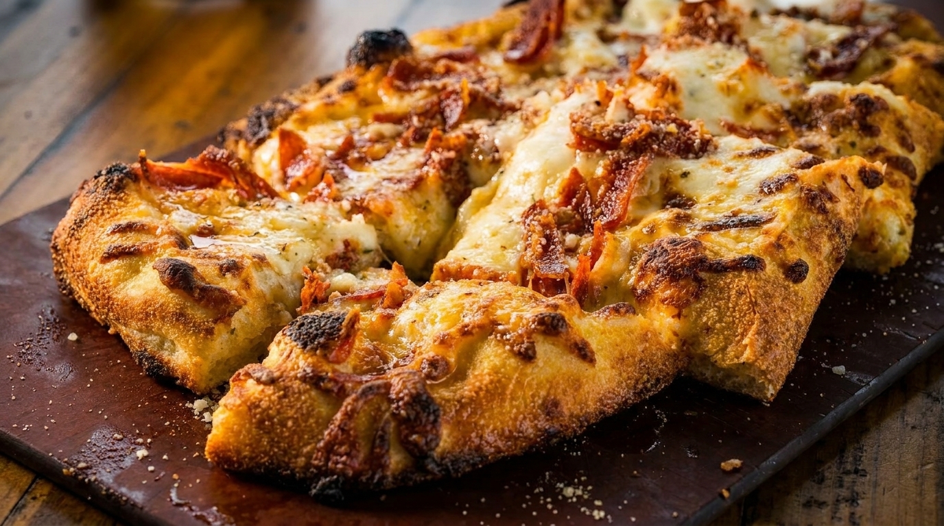 Close-up of a freshly baked, golden-crusted pizza with melted cheese and pepperoni on a wooden board.