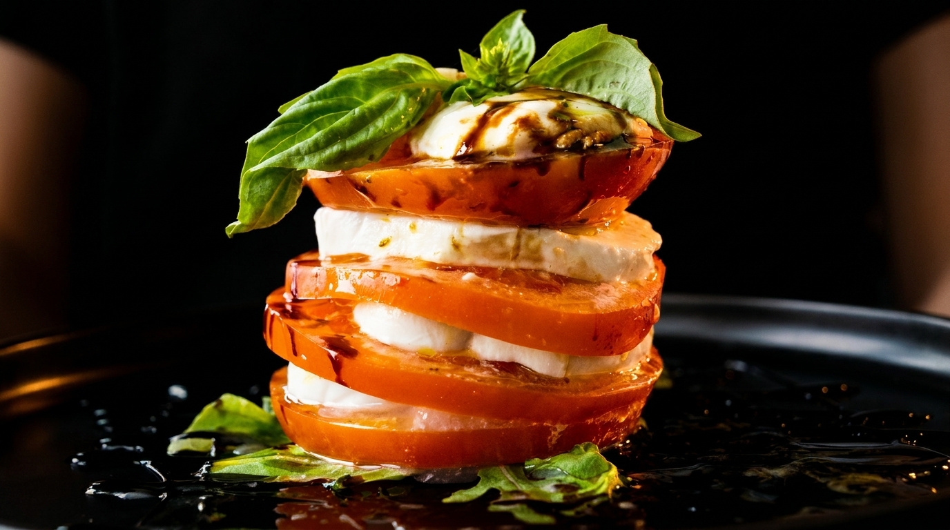 Stacked Caprese salad with fresh tomatoes, mozzarella, basil, and balsamic glaze on a dark plate.