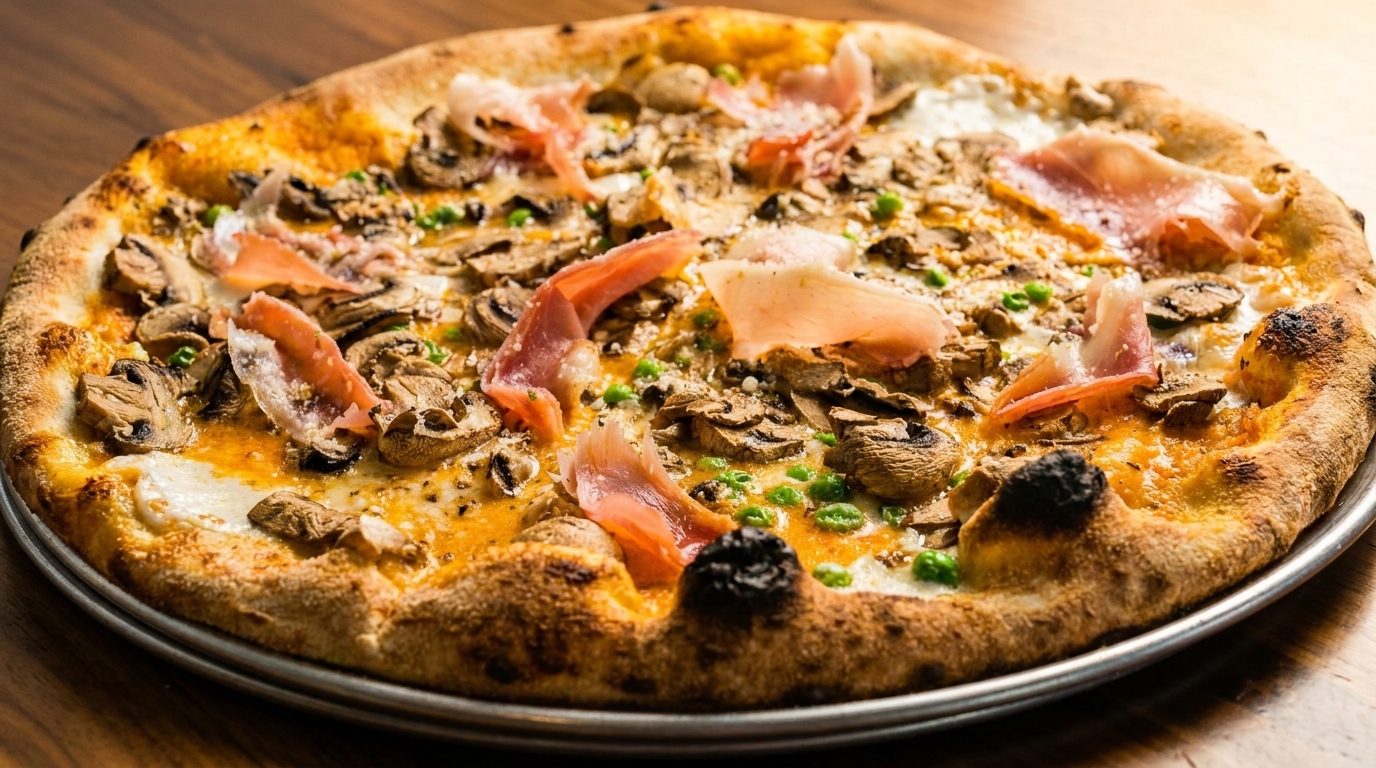 Close-up of a pizza with mushrooms, prosciutto, peas, and melted cheese on a metal tray.