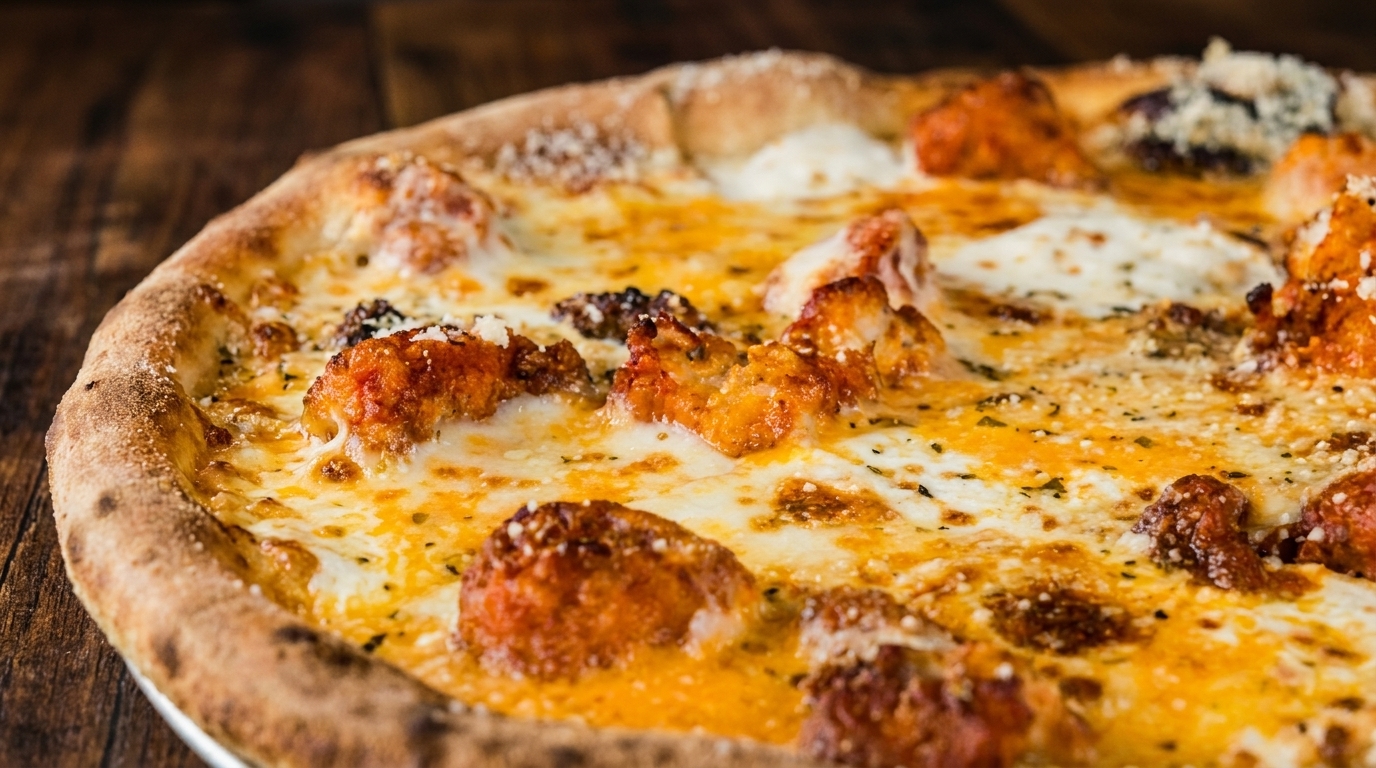 Close-up of a pizza with a golden crust, melted cheese, and crispy orange chicken pieces.