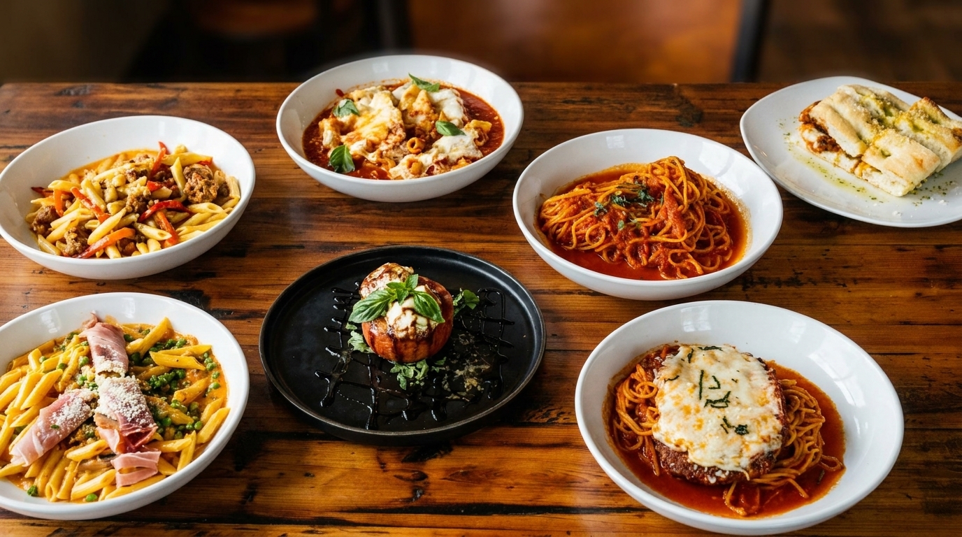 A wooden table filled with various Italian pasta dishes, including spaghetti, penne, and baked ziti.