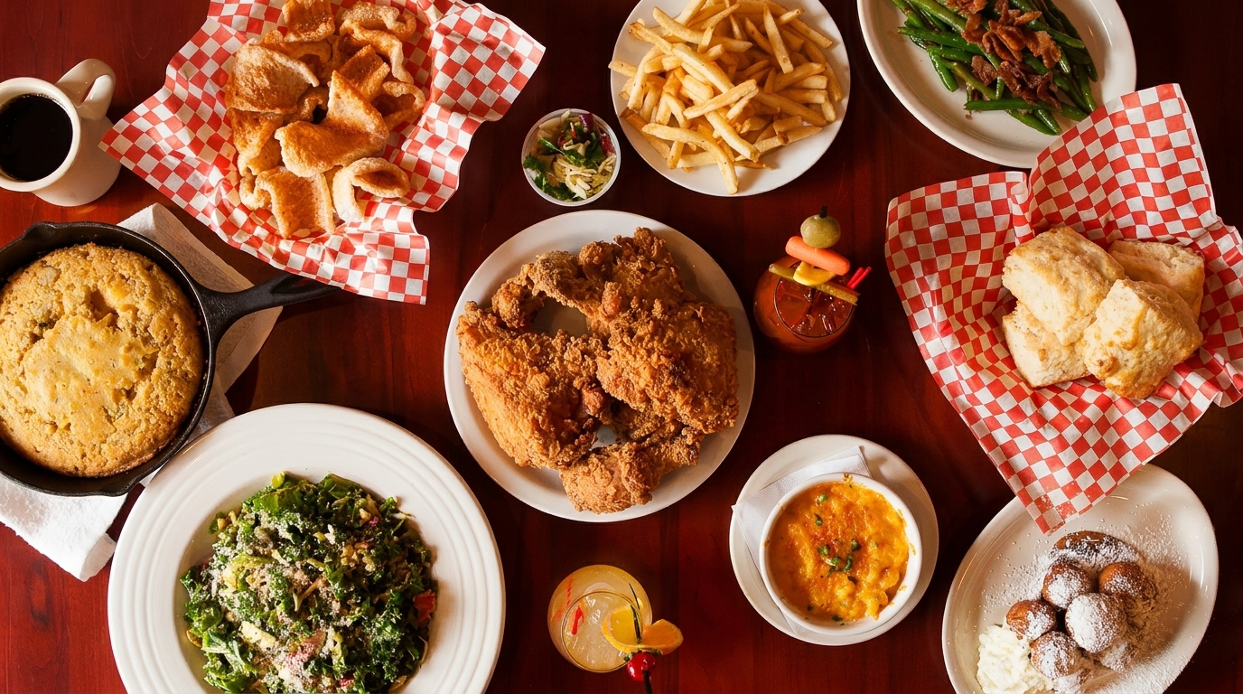 An overhead shot of a feast of fried chicken, cornbread, biscuits, and other Southern dishes.