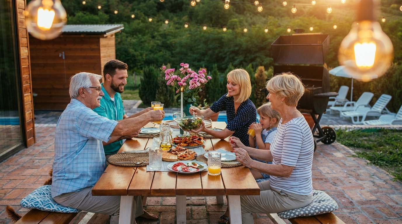 Family of five enjoying an outdoor dinner on a patio with string lights overhead.