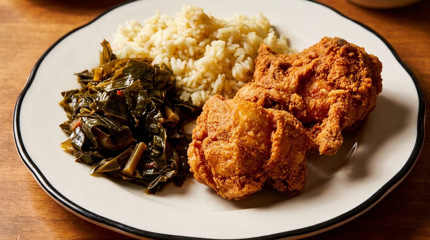 A plate of crispy fried chicken, collard greens, and white rice on a wooden table.
