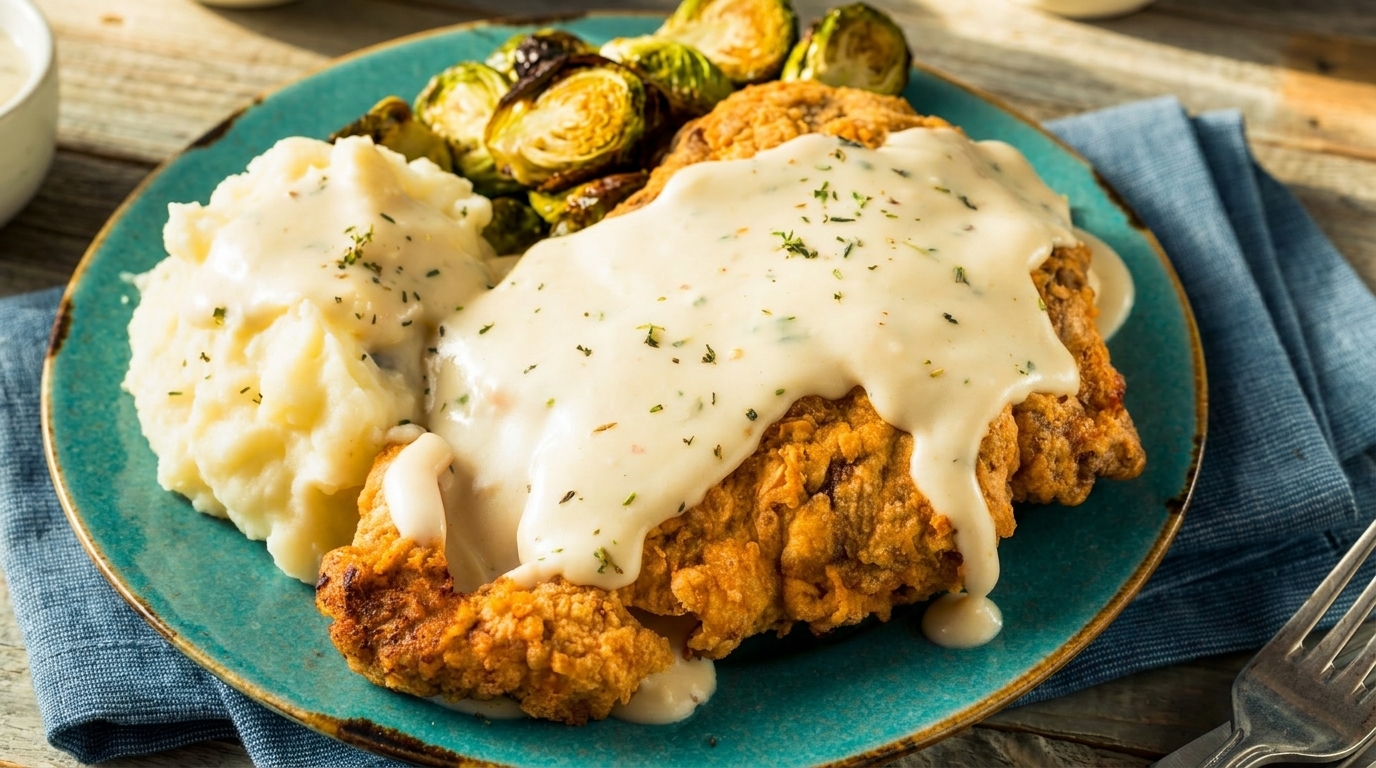 Chicken fried steak with gravy, mashed potatoes, and roasted Brussels sprouts on a blue plate.