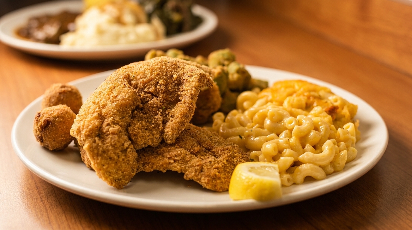 Fried fish, hush puppies, macaroni and cheese, and vegetables on a white plate.