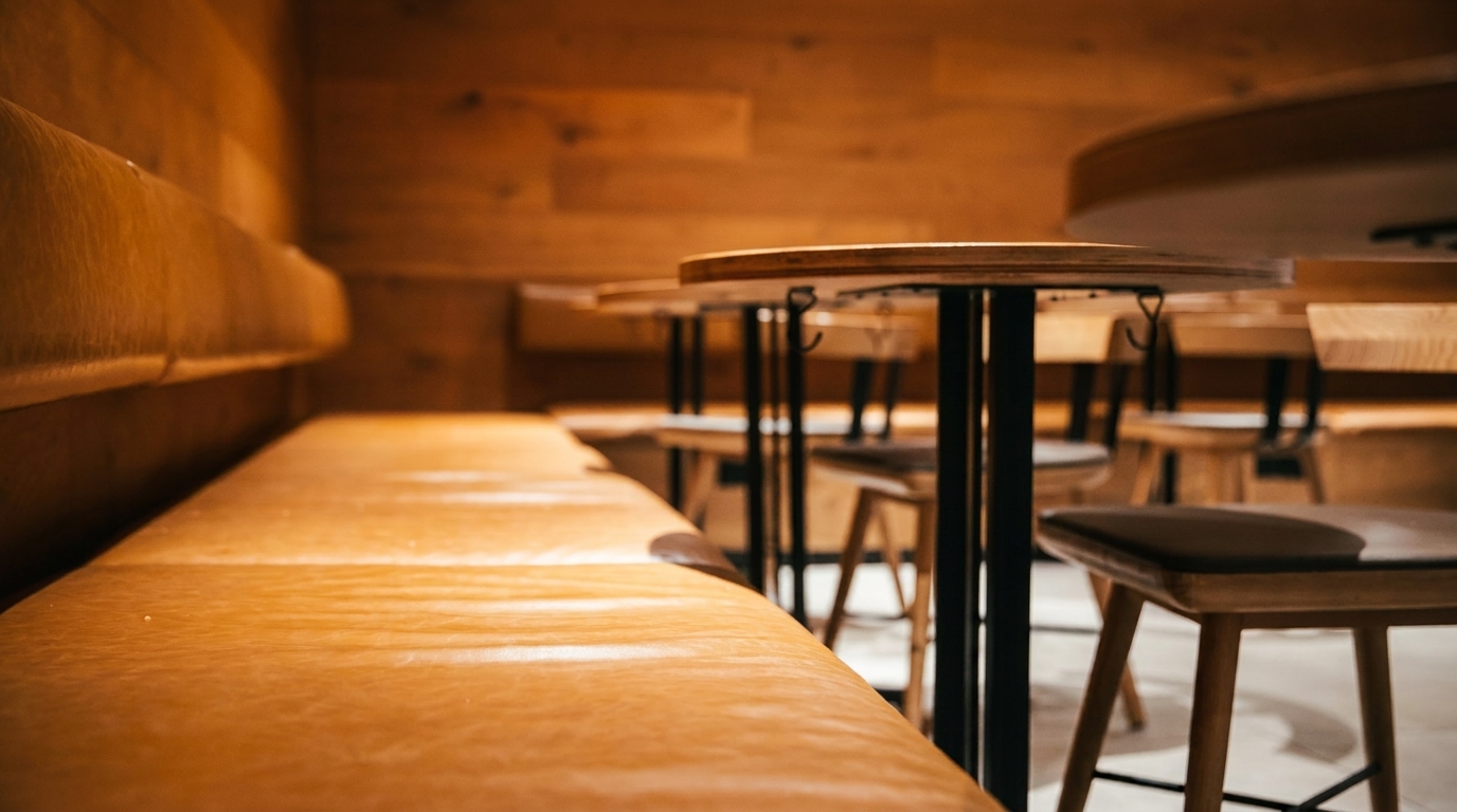 Warmly lit restaurant interior with a long leather booth and round wooden tables with stools.