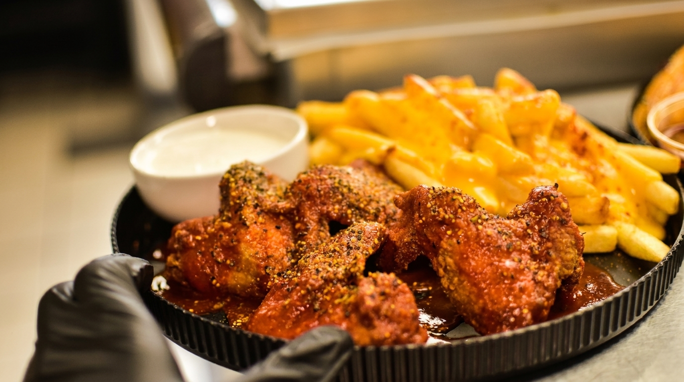 A gloved hand holds a black plate of spicy chicken wings, cheesy fries, and a side of ranch.
