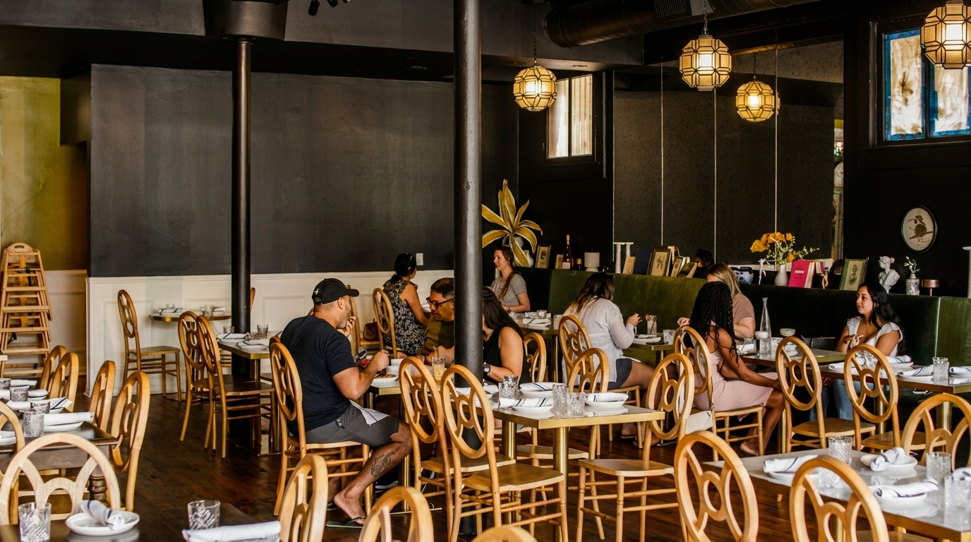 Diners seated at tables in a restaurant with dark walls, green banquettes, and ornate light fixtures.