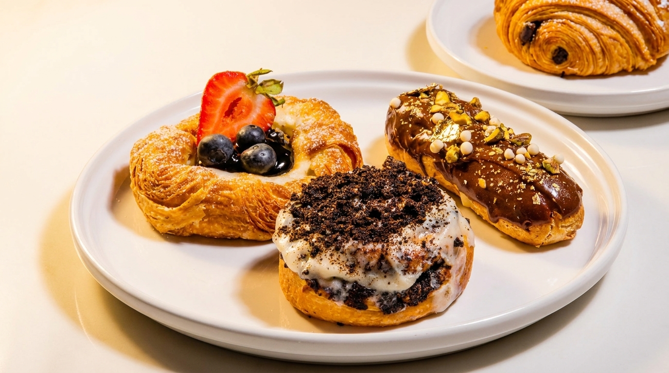 A white plate holds a fruit danish, an Oreo cinnamon roll, and a chocolate pistachio eclair.
