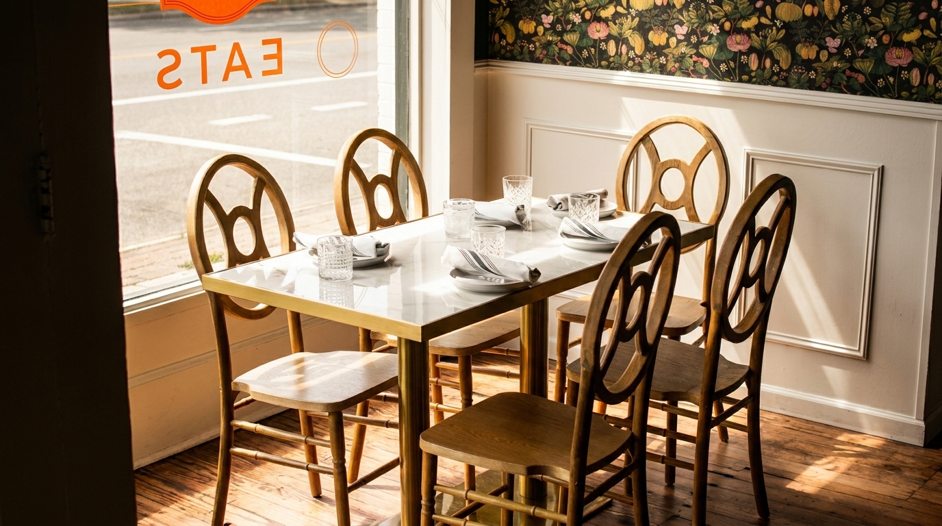 A sunlit restaurant dining table set with plates, glasses, and napkins, next to a window.