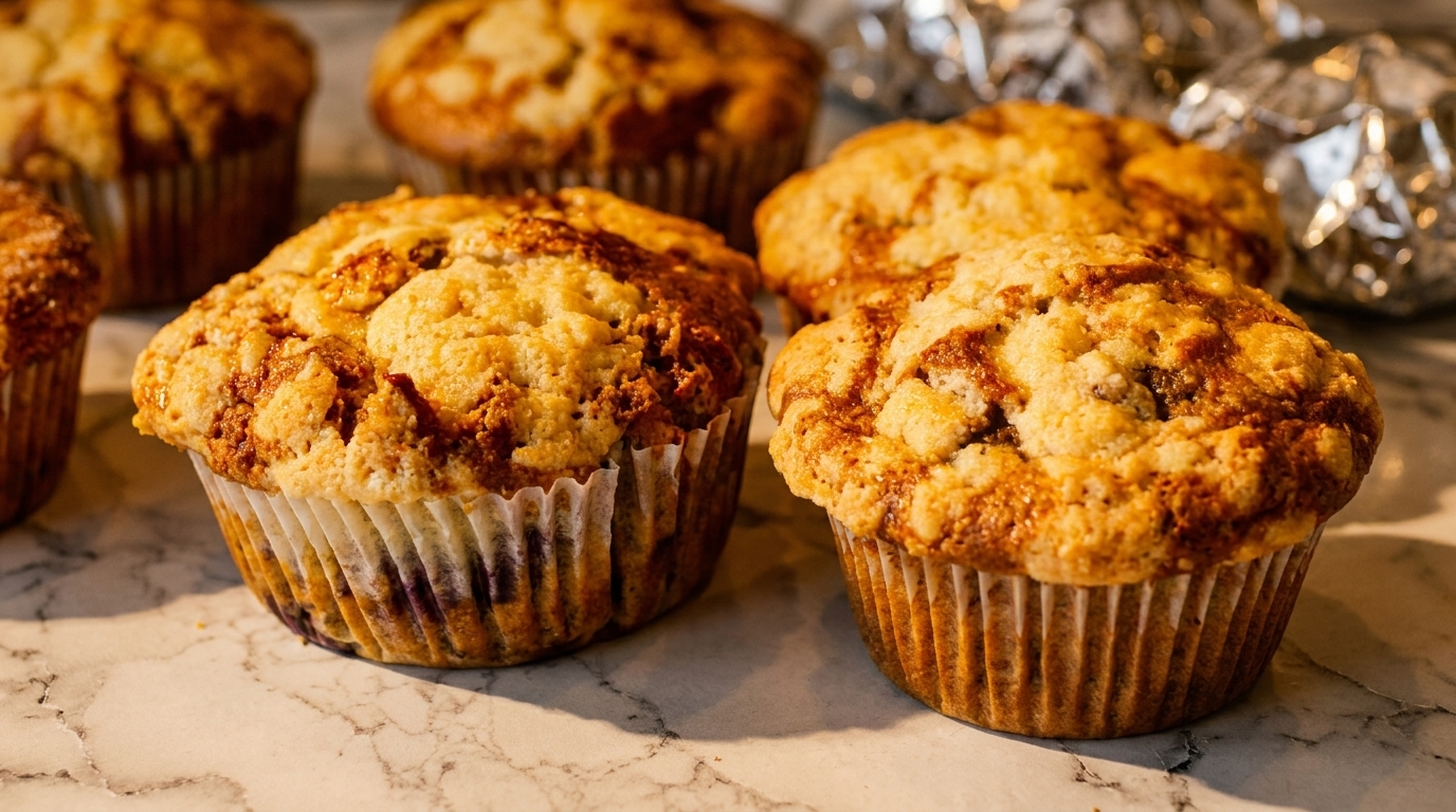Several golden-brown muffins with crumbly tops sit on a white marble counter, some wrapped in foil.