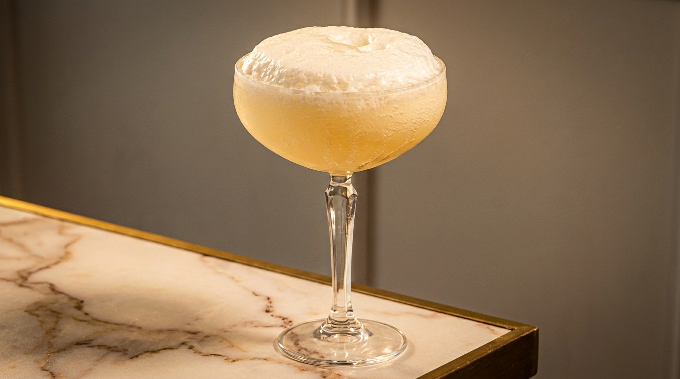 A coupe glass filled with a foamy, light yellow cocktail sits on a marble and gold table.