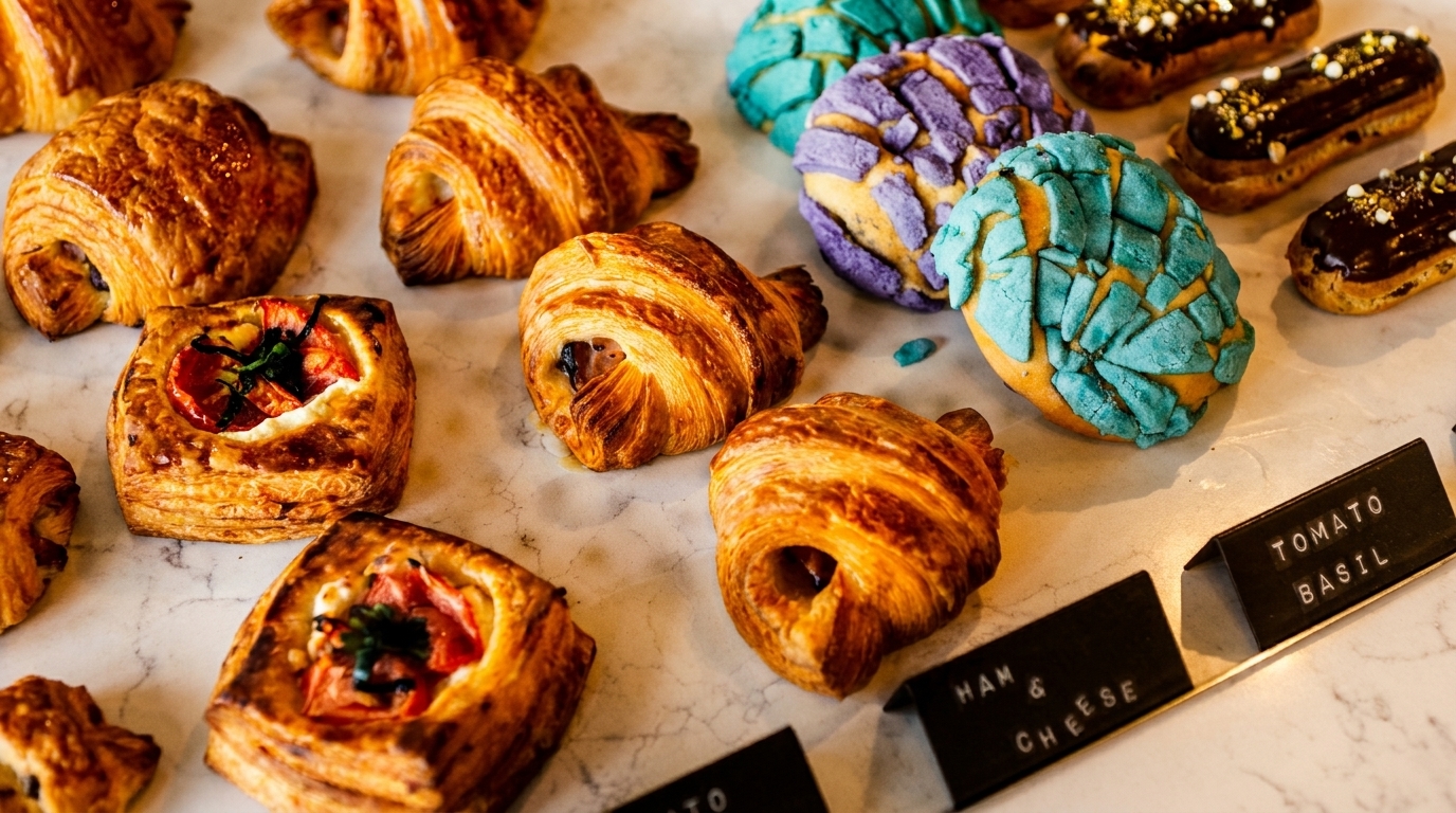 Assortment of pastries including croissants, colorful conchas, eclairs, and savory tarts on a marble surface.
