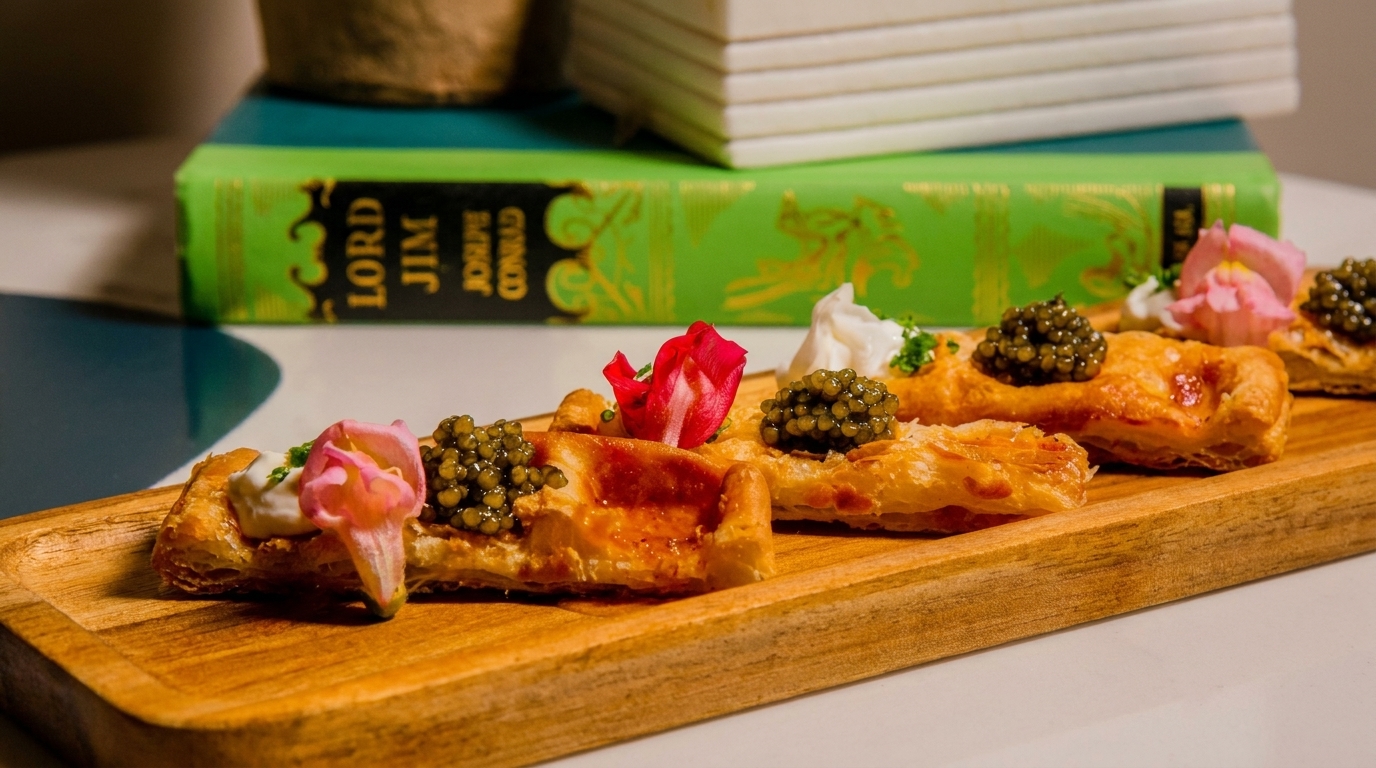 Puff pastry appetizers topped with caviar, cream, and edible flowers on a wooden board.