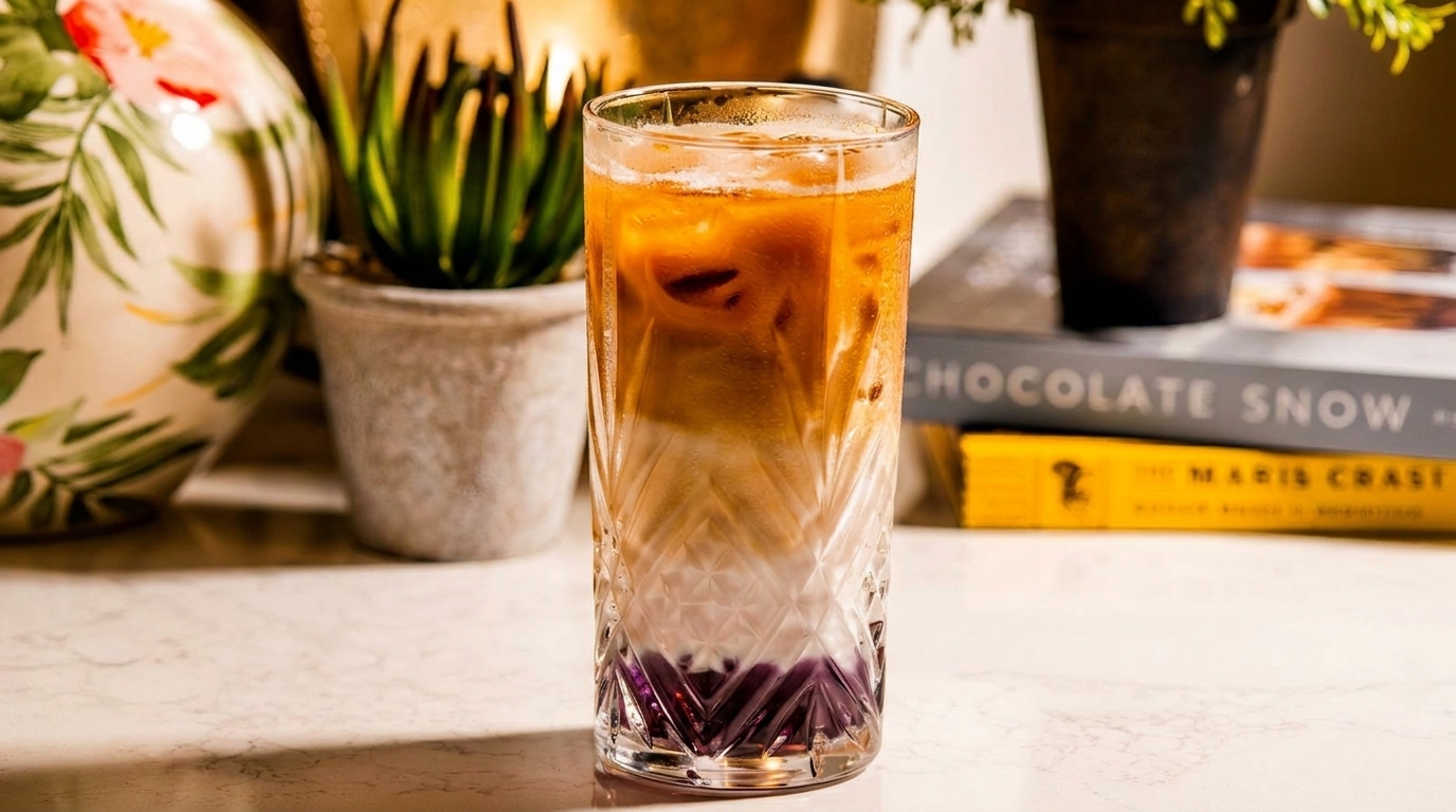 A tall glass of iced coffee with purple ube at the bottom, surrounded by plants and books.