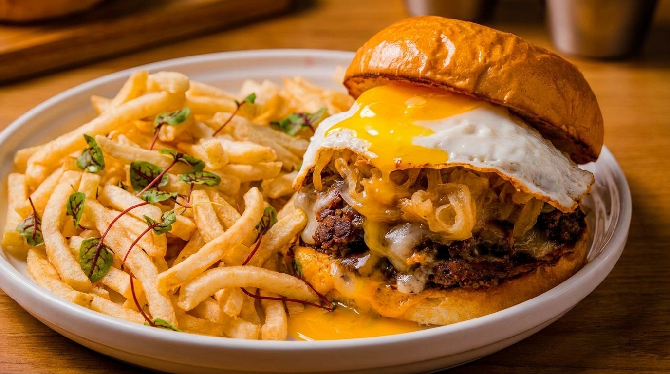 Gourmet burger with a fried egg, caramelized onions, melted cheese, and a side of french fries.