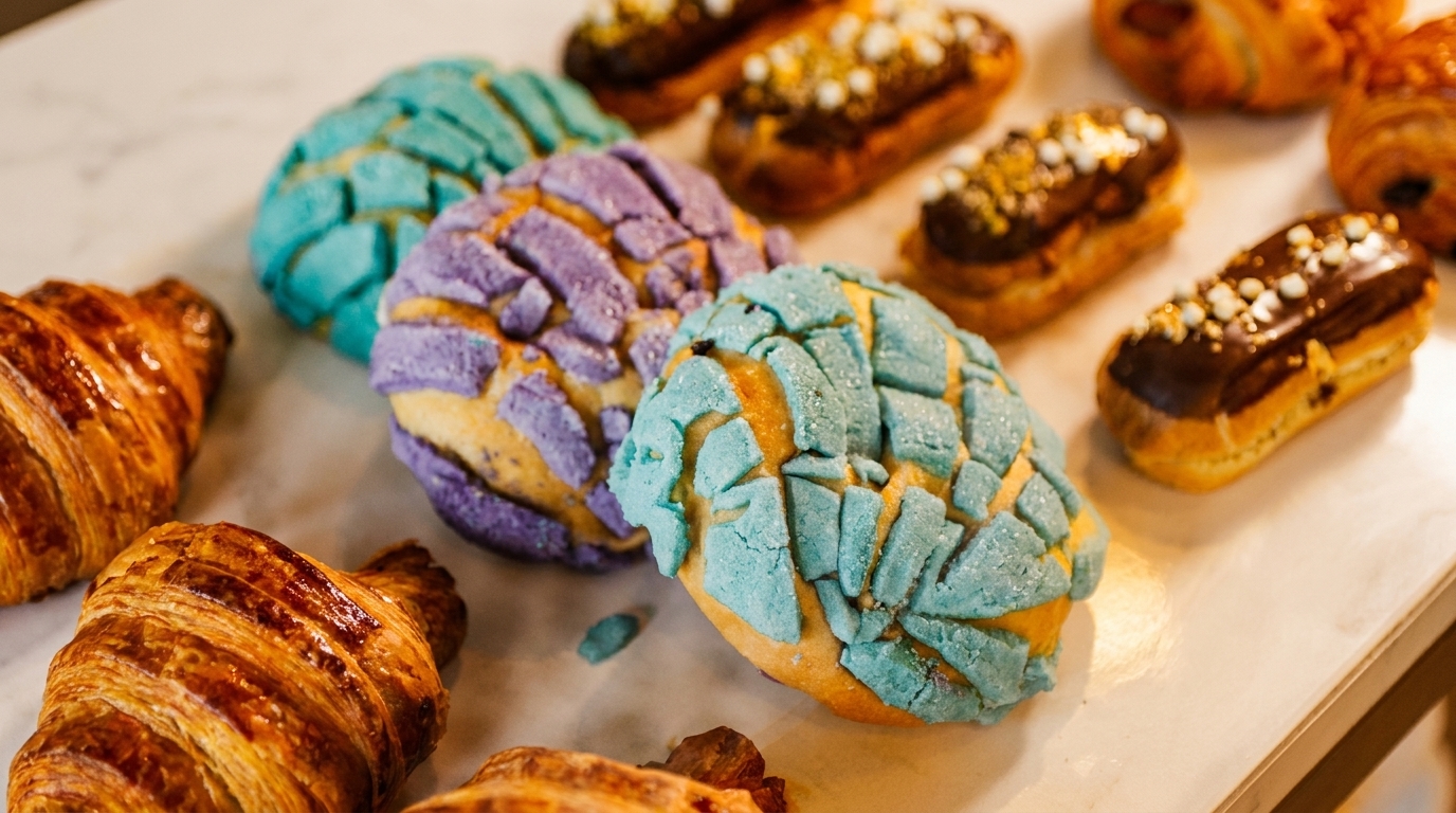 Colorful conchas, chocolate eclairs, and croissants displayed on a white counter.